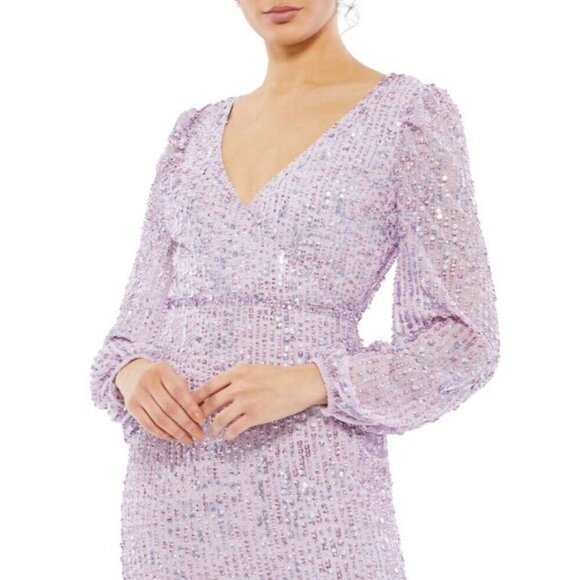 Mac Duggal Size 8 Purple 107641 Sequined Puff Sleeve V Neck Midi Cocktail Dress - Picture 2 of 12